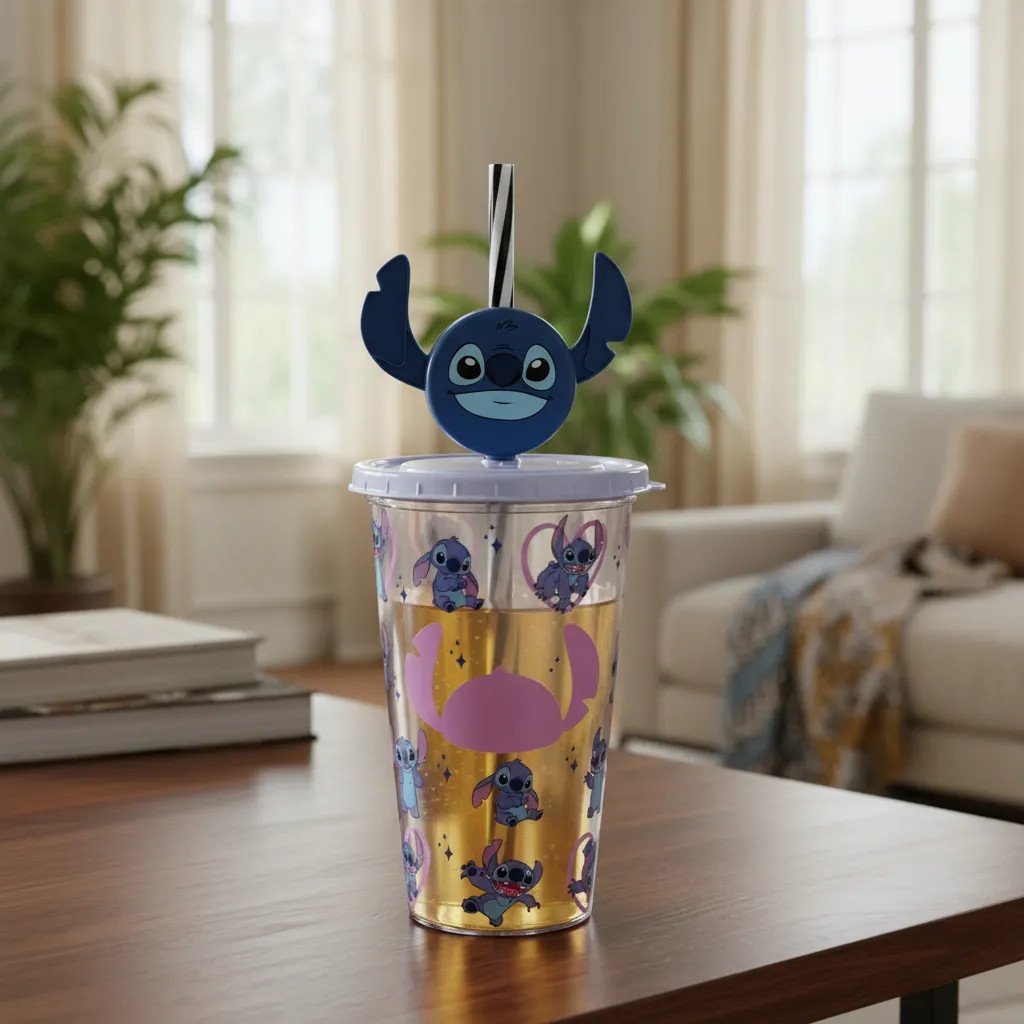 Copo Infantil Stitch Pin Disney Canudo Tampa Presente Fofo Branco Stitch