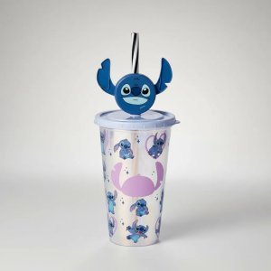 Copo Infantil Stitch Pin Disney Canudo Tampa Presente Fofo Branco Stitch